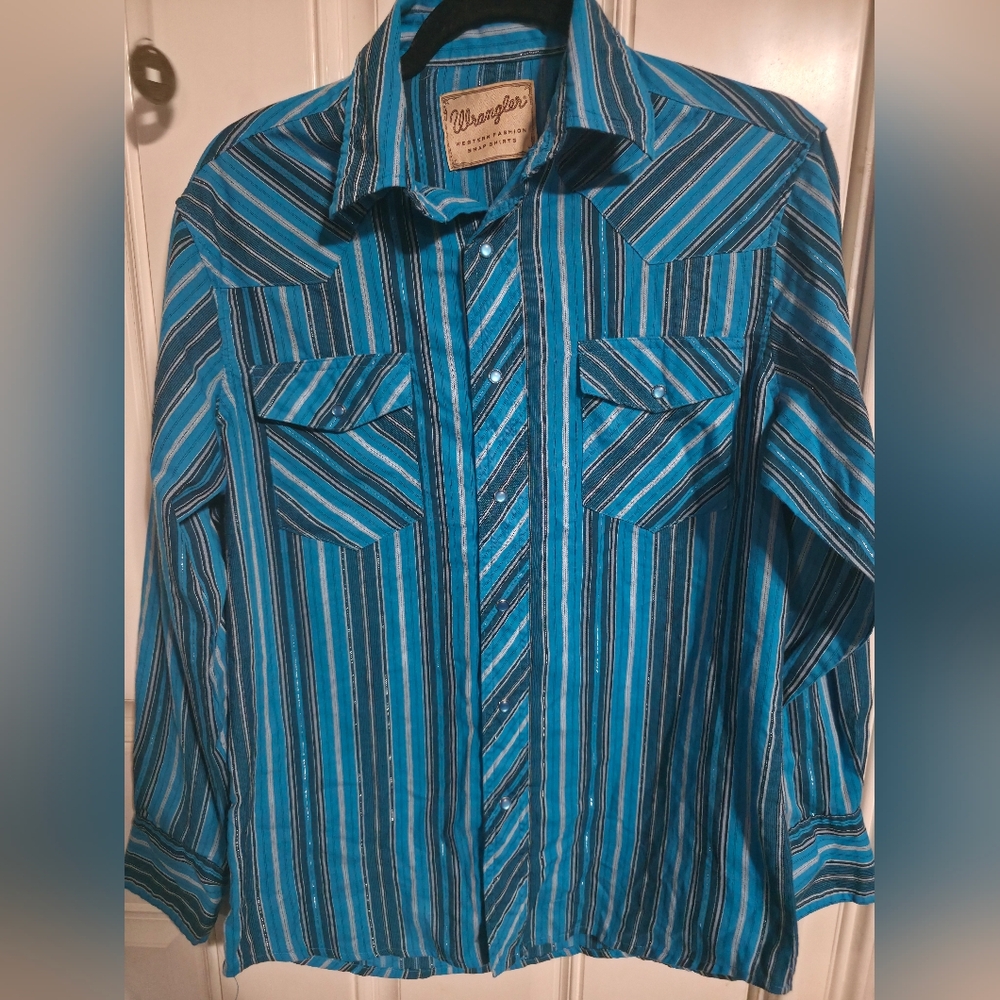 Wrangler Men's Western Striped Cotton Snap-Up Long Sleeve Shirt Blue Size L
